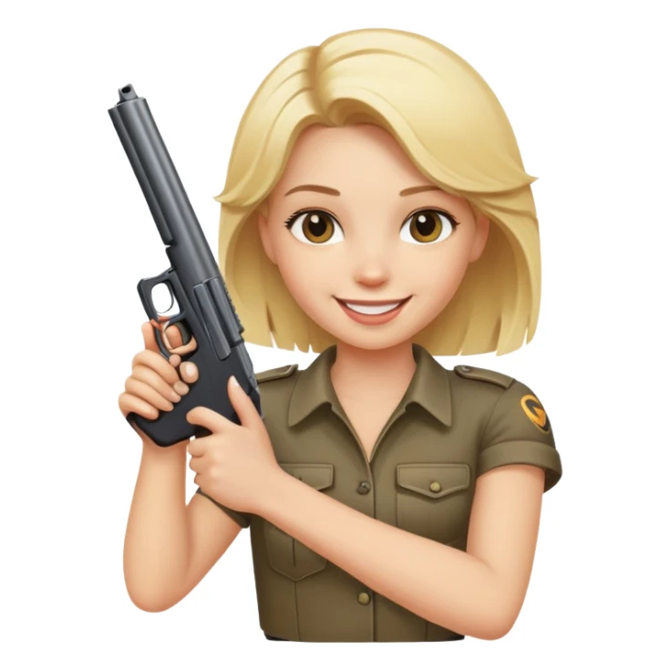 blonde girl smiling holding a gun sticker