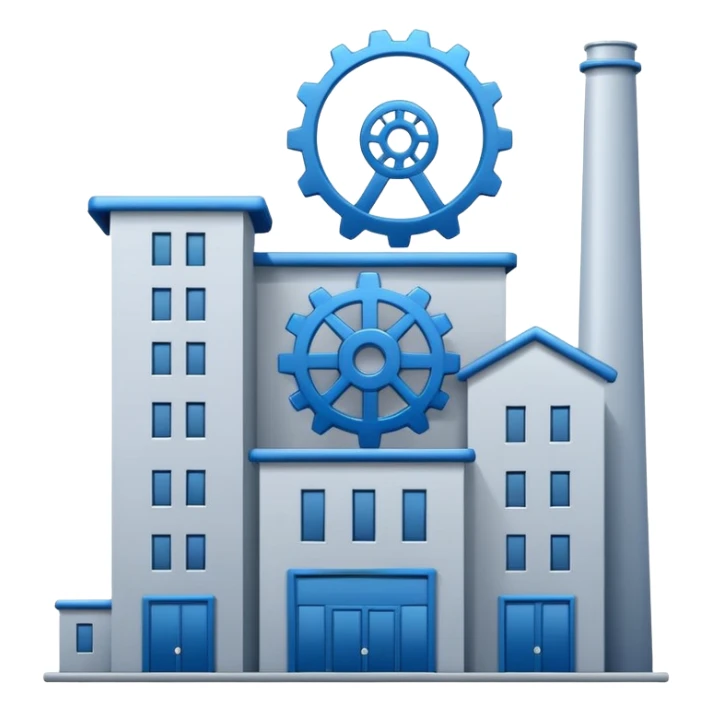 "A minimalist vector icon of a modern manufacturing factory building with a gear symbol above it. Blue and grey color scheme, flat design, white background, simple thick lines, professional business logo style." sticker
