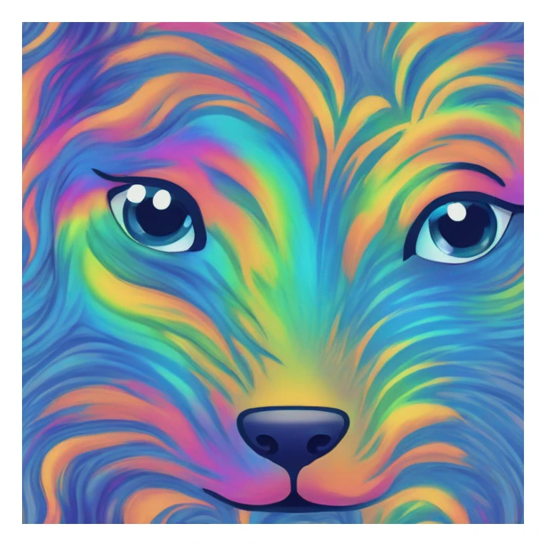 Multicolored rainbow retro groovy tie dye hippie trippy floral patterns on a metallic holographic iridescent blue dog face head unicorn sticker