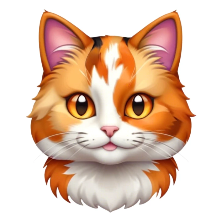Cinematic Cute Calico Cat Portrait Emoji, Head tilted playfully with sparkling, inquisitive eyes and a charming patchwork fur of orange, black, and white, simplified yet irresistibly adorable, highly detailed, glowing with a warm, inviting glow, high shine, bubbly and affectionate, styled with a touch of whimsical feline charm, soft glowing outline, capturing the essence of a delightfully cute calico cat that looks as if it could prance off the screen into your heart! sticker