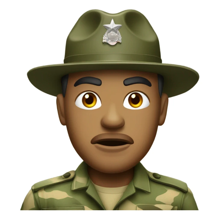 drill sergeant character wearing a classic sergeant hat and a camouflage army shirt. The character should have an angry intense expression. full torso sticker