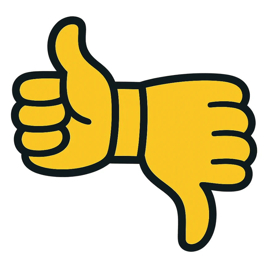 Create a cartoon hand with two thumbs, one thumb up and one thumb down, all in yellow color, on a transparent background, in a playful style. sticker