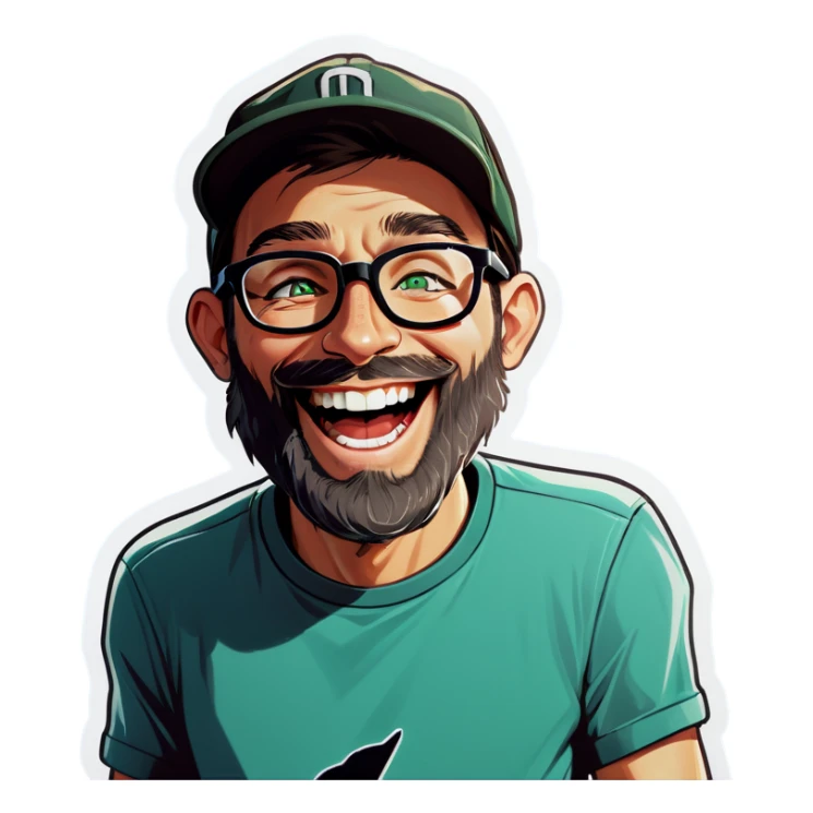 A man with a grey baseball cap, green eyes, big dark brown beard and glasses, laughing sticker