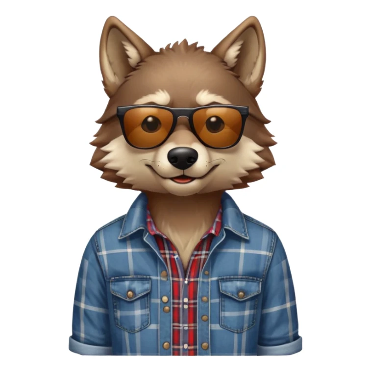 head and shoulders friendly brown-furred anthropomorphised wolf in plaid shirt and jeans, wearing dark sunglasses, relaxed pose sticker