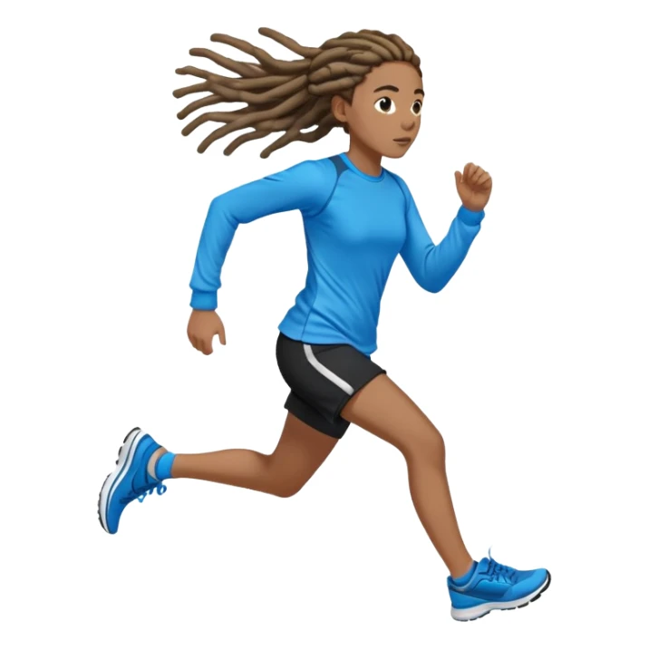 Running girl, lightdark skin dreadlocks ￼and in a Bright blue Long sleep and black shorts and running shoes and sweat drops falling off of her sticker