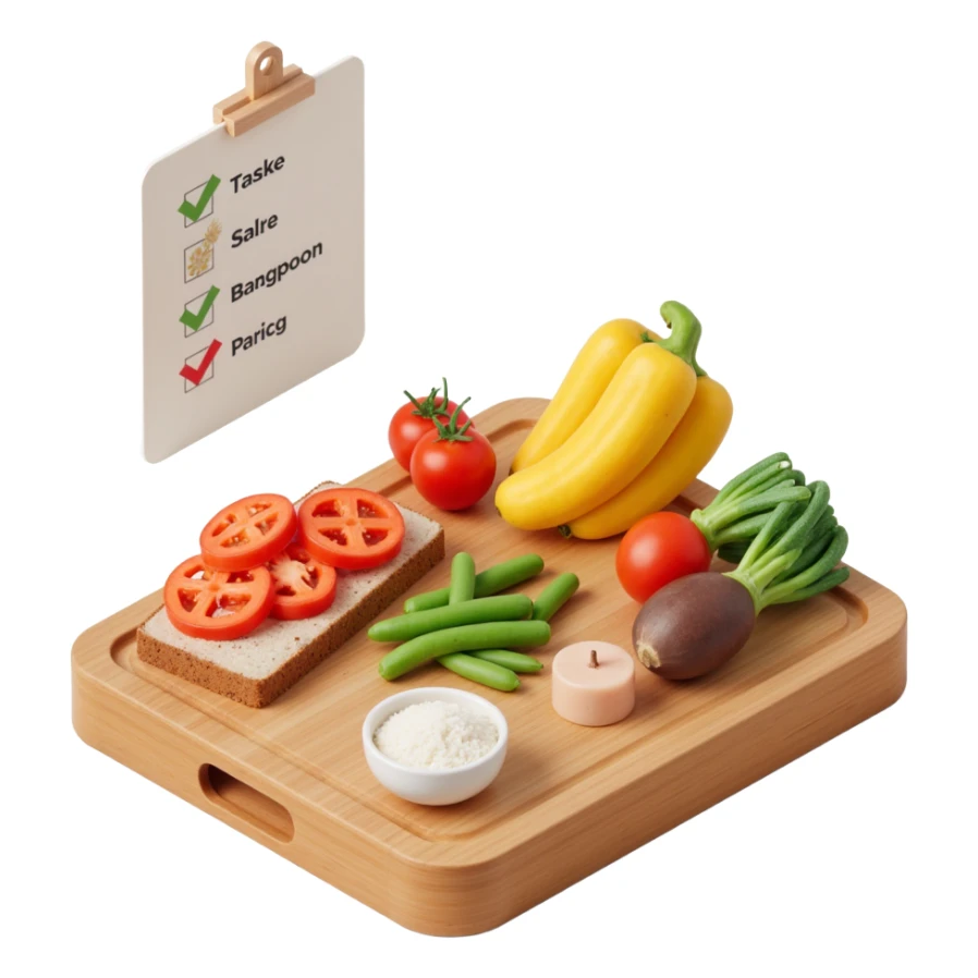 Ingredients on teh wooden cutting board with floating list with check box sticker