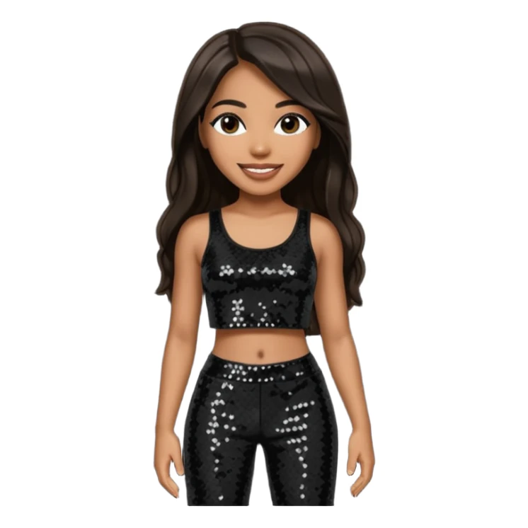 Aaliyah with long dark brown hair, black sequin crop top, black sequin pants sticker