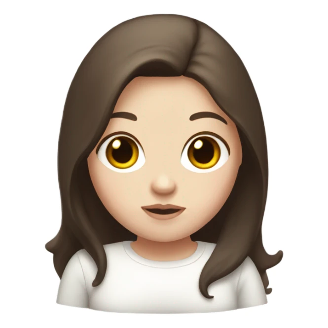 White girl with dark brown long hair, chubby, with a white top sticker