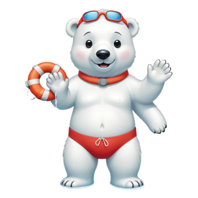 full body friendly anthropomorphised polar bear smiling, wearing colorful swim shorts, red and white life buoy around waist, swim goggles, standing in small pool of water sticker