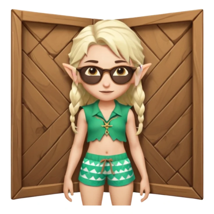 elf female legolas portrait, patterned board shorts (geometric/abstract), unique wooden-framed sunglasses, undercut hairstyle, slight smirk, visible pointy ears, no background, centered emoji, hipster summer vibe coctails  sticker