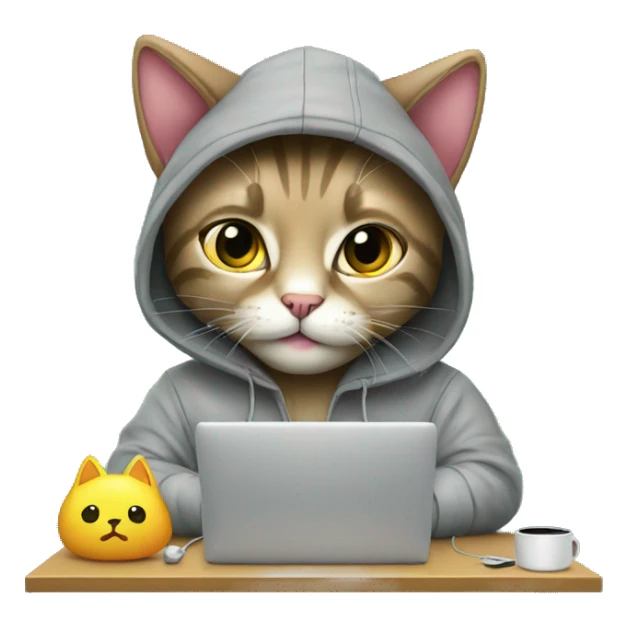 cat is a graphic designer in a hoodie and headphones, working at a computer in photoshop sticker
