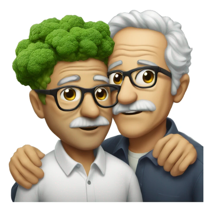 man with broccoli hair and glasses kissing an aged man sticker