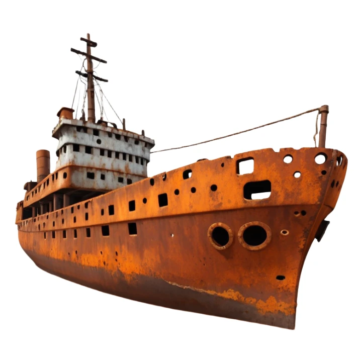rusted ship wreck, heavily corroded metal hull, orange-brown rust textures, abandoned old ship, weathered surface, dramatic lighting, cinematic atmosphere, 3D cartoon style, mobile game environment art, clean composition, no people, no text, no watermark
 sticker