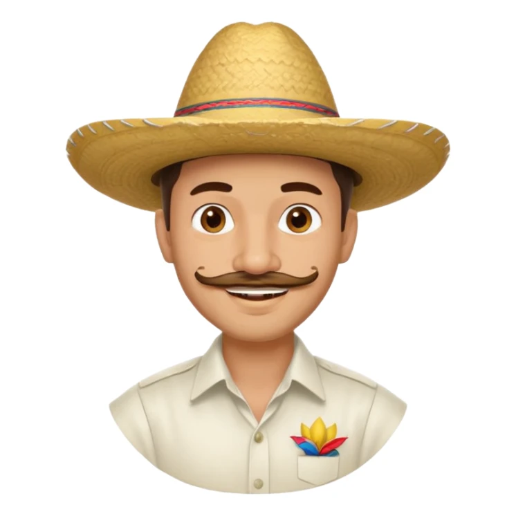 A happy, light skinned, Colombian man, with a small not connected mustache, a small gotee, wearing a Colombian Sombrero Voltiao, and wearing a white dress shirt sticker