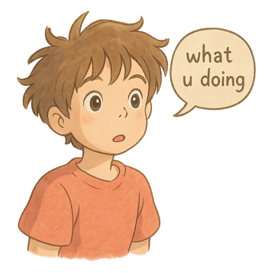 ghibli style character looking curious with soft colors and a speech bubble saying 'what u doing' sticker