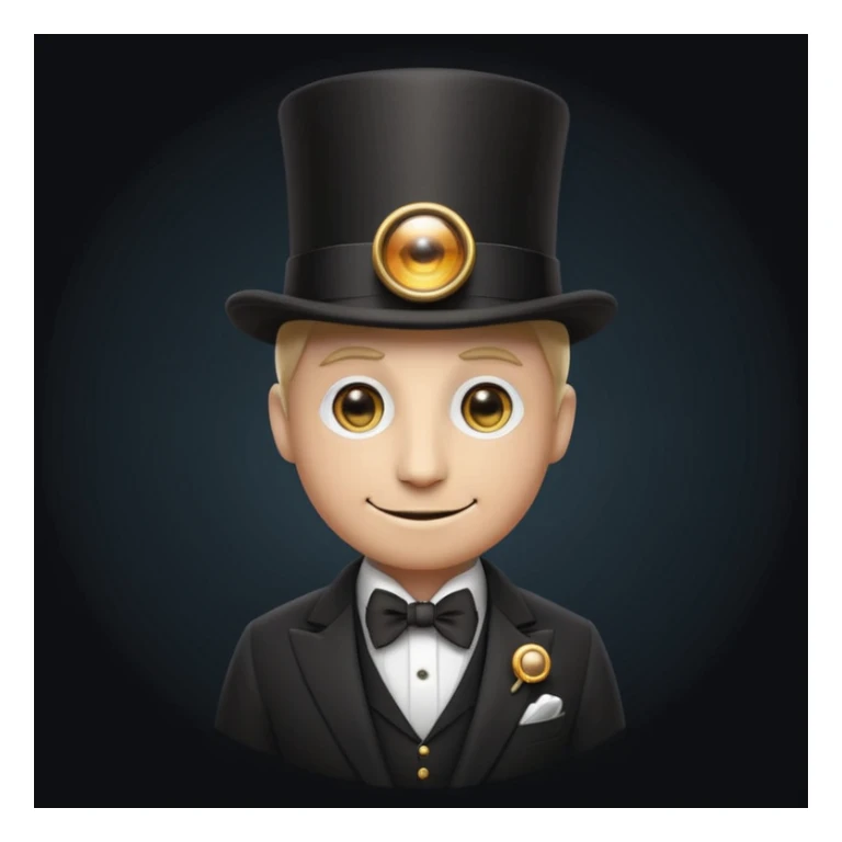 modern emoji-style figure in a tailored suit, top hat, and monocle, small all-seeing eye pin on the lapel, sly confident smile, aura of exclusivity, dark secretive background sticker