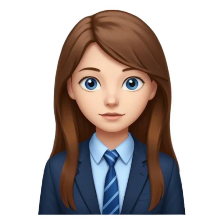 high school class room with a blackboard, with a pretty female high school student with long brown hair, blue eyes, wearing a tie sticker