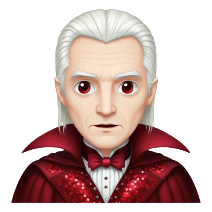 Count Dracula from Universal Monsters with long white hair, dark red sequin outfit sticker