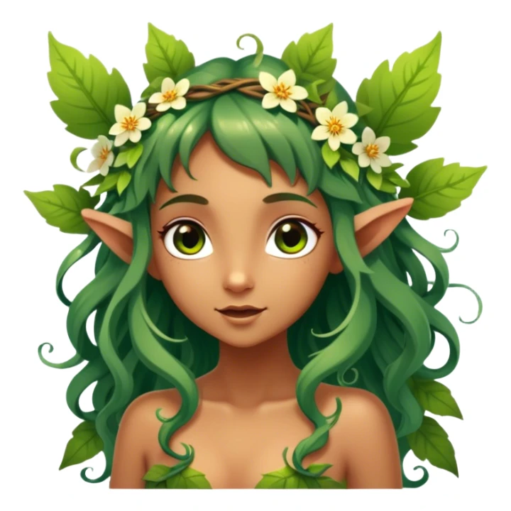 Cinematic Realistic Forest Nymph Fairy Portrait, head tilted playfully and inquisitively, showcasing a nature-inspired form with intricately detailed, sunlit tanned skin and cascading hair interlaced with leaves and blossoms. Her bright, curious eyes sparkle with forest mischief, rendered with lifelike clarity and warm, dappled lighting that captures the spirit of an enchanting woodland fairy ready to dance among the trees. sticker
