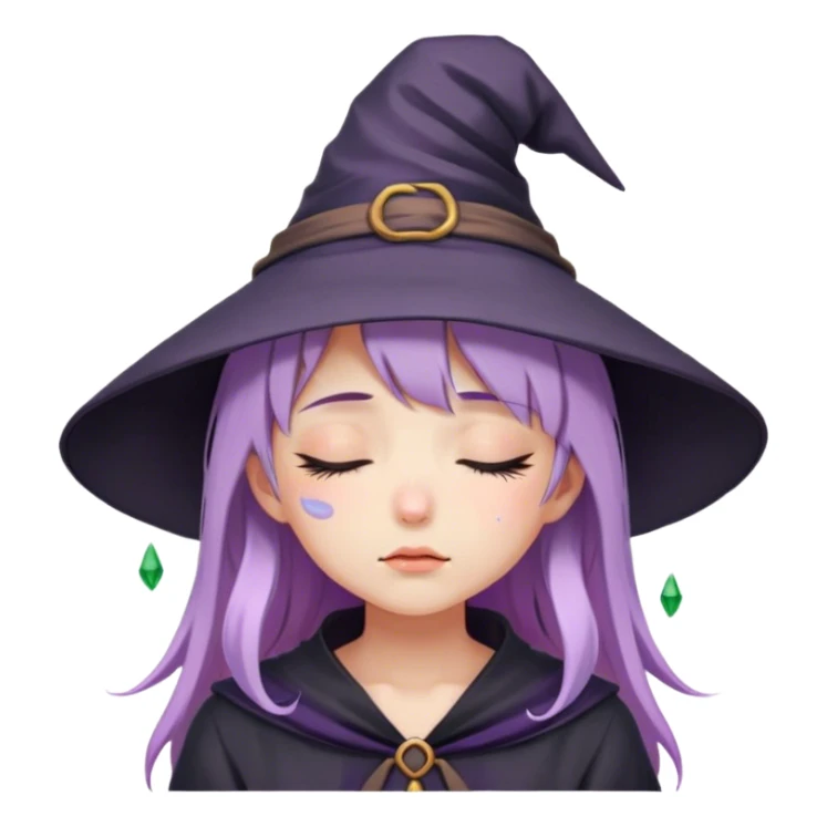 cute anime girl with closed eyes crying with lilac hair in witch hat sticker