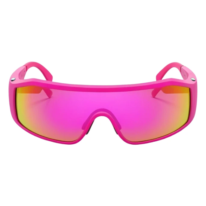 sporty neon pink shield visor sunglasses with thick frame and integrated strap, extremely robust design, substantial build, one-piece mirrored lens sticker