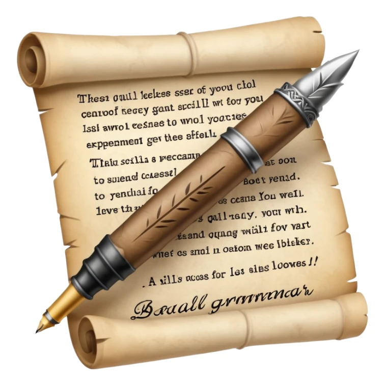 a quill pen writing on a scroll with crossed-out words and mistakes, representing bad grammar and writing sticker