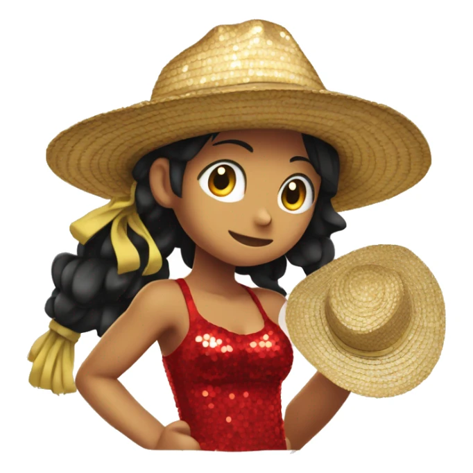 Girl in red sequined dress wearing Luffy's straw hat sticker