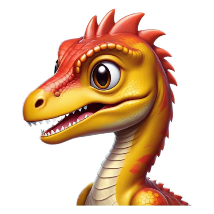 Cinematic Cute jurassic park Velociraptor Portrait Emoji, Head tilted playfully with a cheeky smirk, featuring a compact, agile form with smooth, dark scales and softened, expressive eyes that sparkle with mischievous charm, Simplified yet irresistibly adorable features, highly detailed, glowing with a warm, inviting prehistoric glow, high shine, affectionate and lively, stylized with a touch of whimsical dinosaur mischief, soft glowing outline, capturing the essence of a playful jurassic park Velociraptor that seems as if it could sprint out of the screen into your heart! sticker