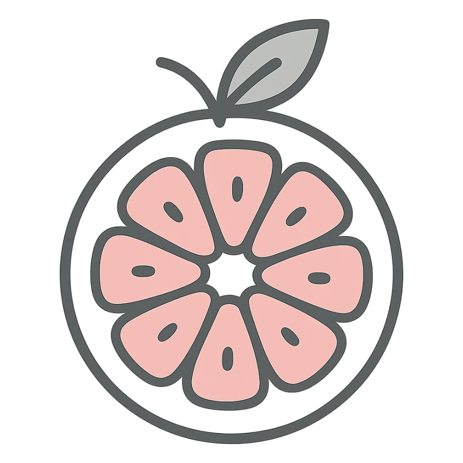Flat icon of a pink grapefruit sliced in half, using a vibrant palette of orange, white, and pink, minimal and clean design, no background. sticker