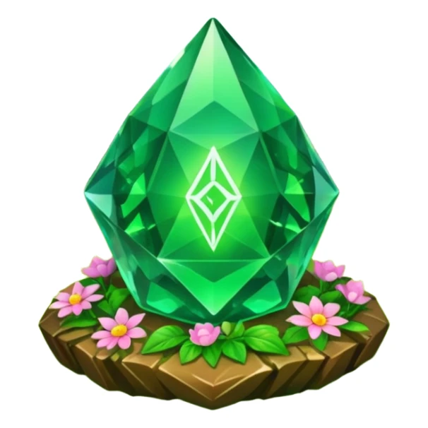 green crystal with runes in forest and flowers sticker
