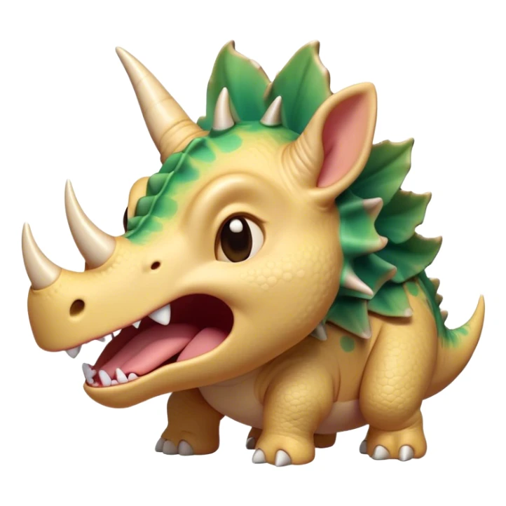 Cinematic Cute Yawning Triceratops Portrait Emoji, Head tilted slightly with a dramatic, wide-open yawn, showcasing a robust, horned body with a frilled head and sleepy, half-closed eyes, Simplified yet irresistibly cute features, highly detailed, glowing with a soft, cozy prehistoric glow, high shine, relaxed yet expressive, stylized with a dash of whimsical ancient charm, soft glowing outline, capturing the essence of a drowsy yet affectionate Triceratops that appears ready to stretch and yawn its way out of the screen! sticker