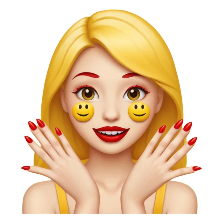 yellow smiley emoji face with big red lips and two hands with long red nails sticker