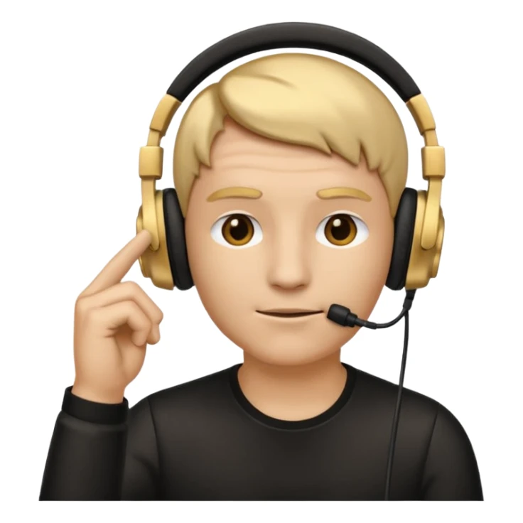 thinking emoji wearing over-ear headphones with microphone, one eyebrow raised quizzically, the other slightly furrowed, hand with thumb and index finger on chin in classic contemplative pose sticker
