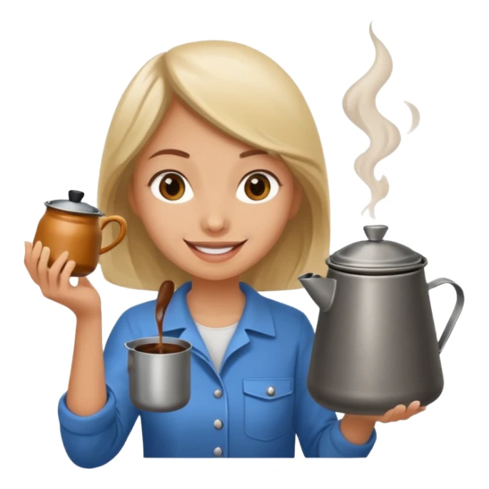 A cheerful female camper brewing coffee in a small metal pot. sticker
