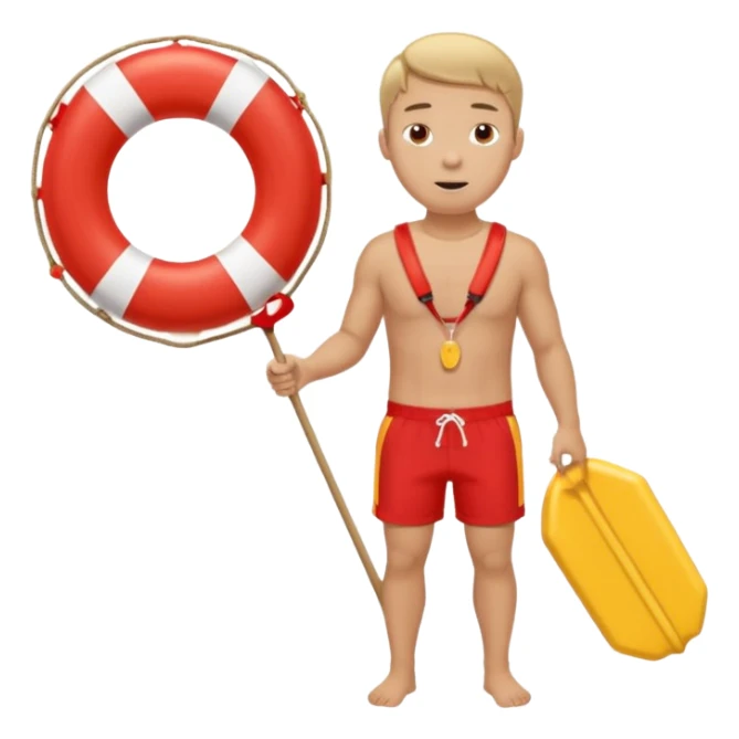 Male lifeguard – red shorts, whistle around neck, holding rescue float. sticker