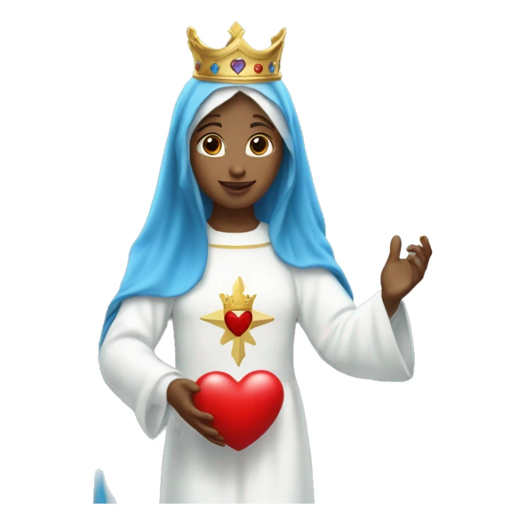 blessed virgin mary with a crown, with blue veil, with white clothes, with white skin, holding a red heart in her hands sticker