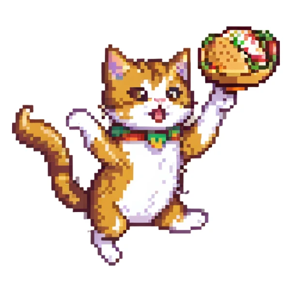 a taco cat running, dynamic pose, pixel art style, bright colors, cat leaping with taco shell flaring sticker