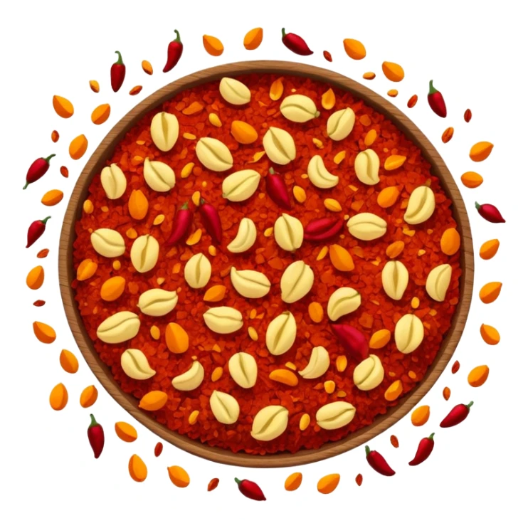 a handful of crushed chili flakes, scattered, deep red and orange, irregular, some yellow seeds, dry rough surface, spicy, no extras, apple emoji style, soft lighting, transparent background, emoji scale sticker