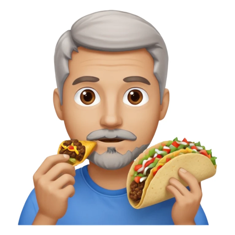 White man, blue eyes, brown gray hair, gray goatee, eating a taco sticker
