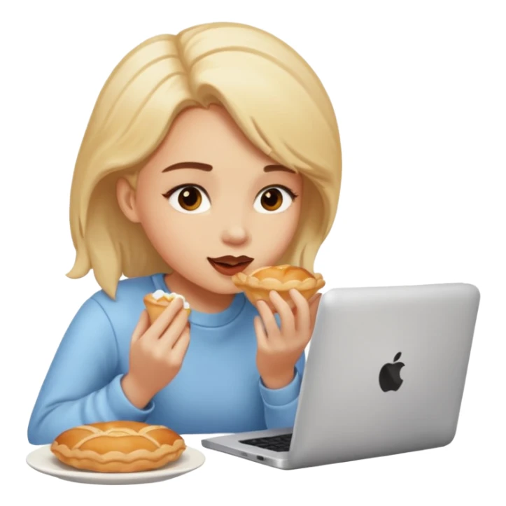 a girl looking in her computer a pastrie with good food  sticker