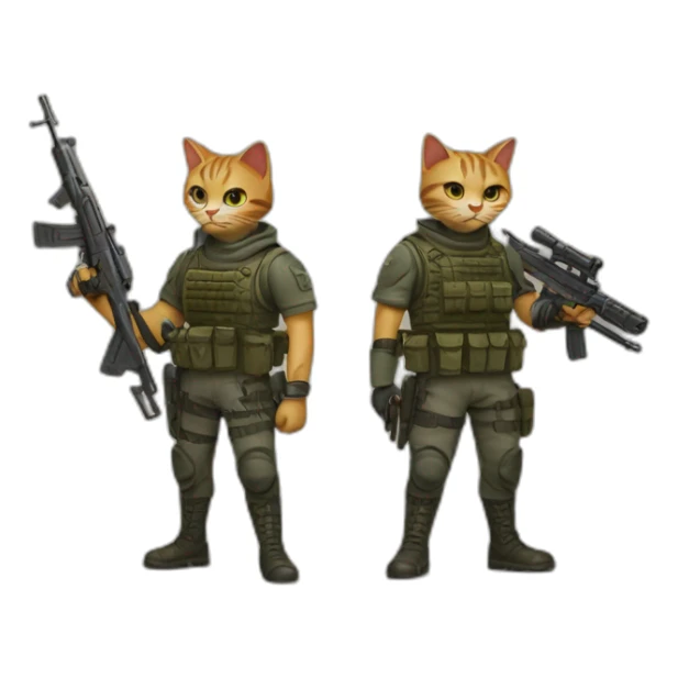 Armed cat with a weapon in its hand and next to it an armed soldier with many weapons too sticker