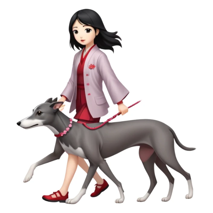 Japanese girl with flowing hair walking a solid grey greyhound with cherry blossoms in the background sticker