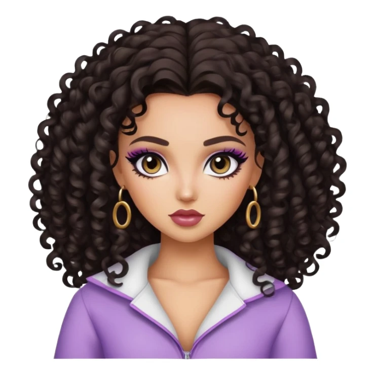 curly dark hair, pretty eyes, pretty makeup, pretty bratz baddie sticker