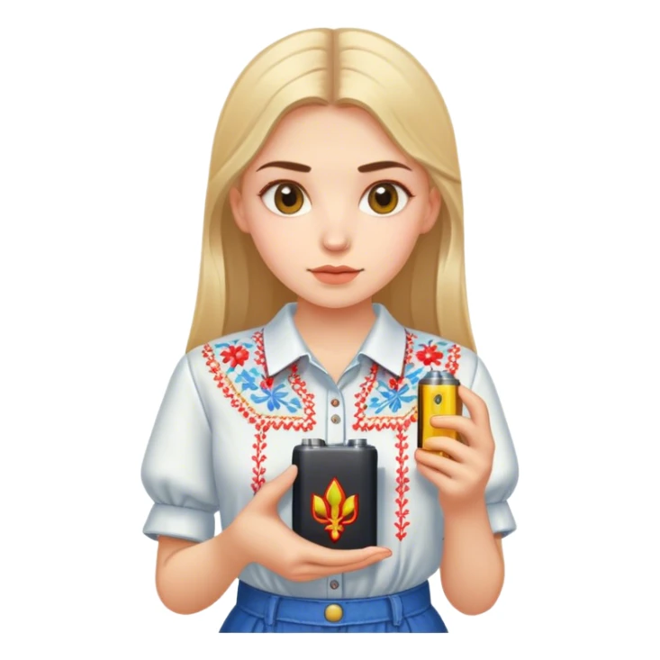 A Ukrainian girl in an embroidered shirt holds a battery sticker
