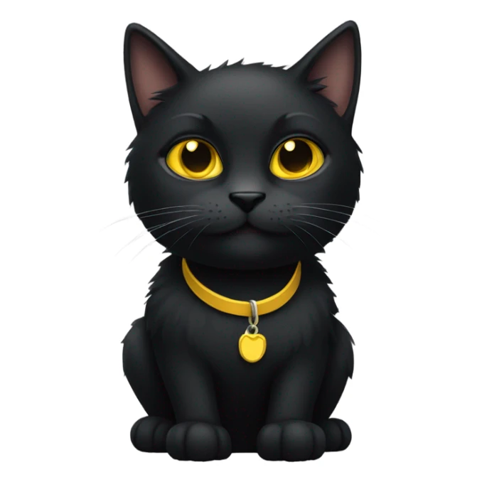 a black furry cat with yellow eyes and a collar  sticker