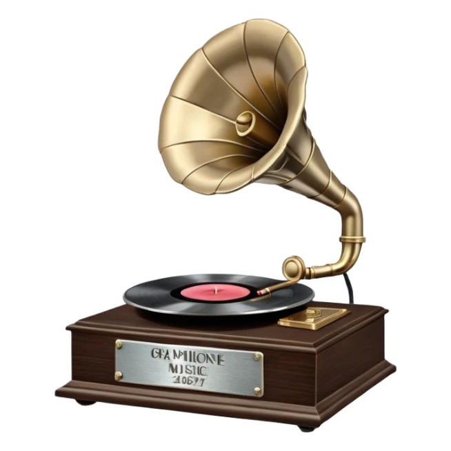 A platinum music award plaque: a square, polished platinum plate with a subtly textured, mirror-like finish, mounted on a simple dark wood base. The center features a relief of a vintage gramophone or stylized vinyl record in a slightly darker metallic tone.  sticker