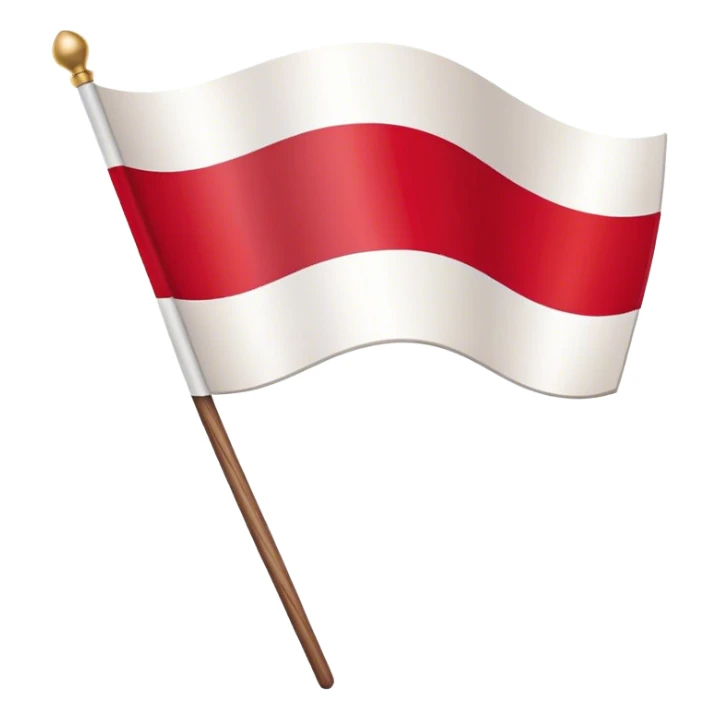"A simple Polish flag on a wooden stick, waving slightly in the wind. The flag has two horizontal stripes: white on top and red on the bottom. The stick is light brown, made of wood, and slightly tilted to the right. The background is plain white sticker