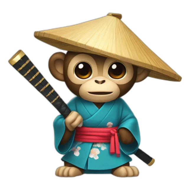 monkey with a Japanese hat and a kimono holding a katana sticker