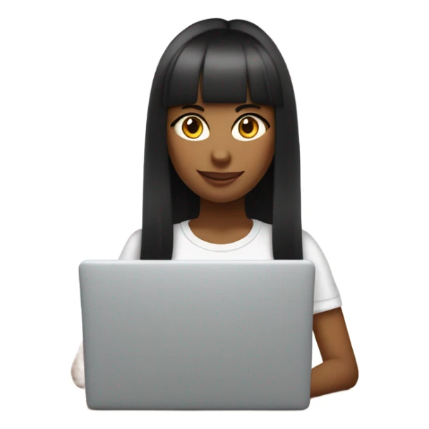 a girl with long dark straight hair and bangs working with a laptop (she is a marketer). wearing a white oversized t-shirt sticker