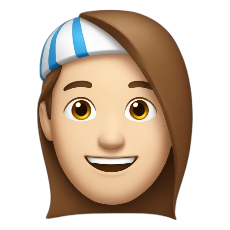 white face sideways smiling with a blue cap, and brown hair sticker